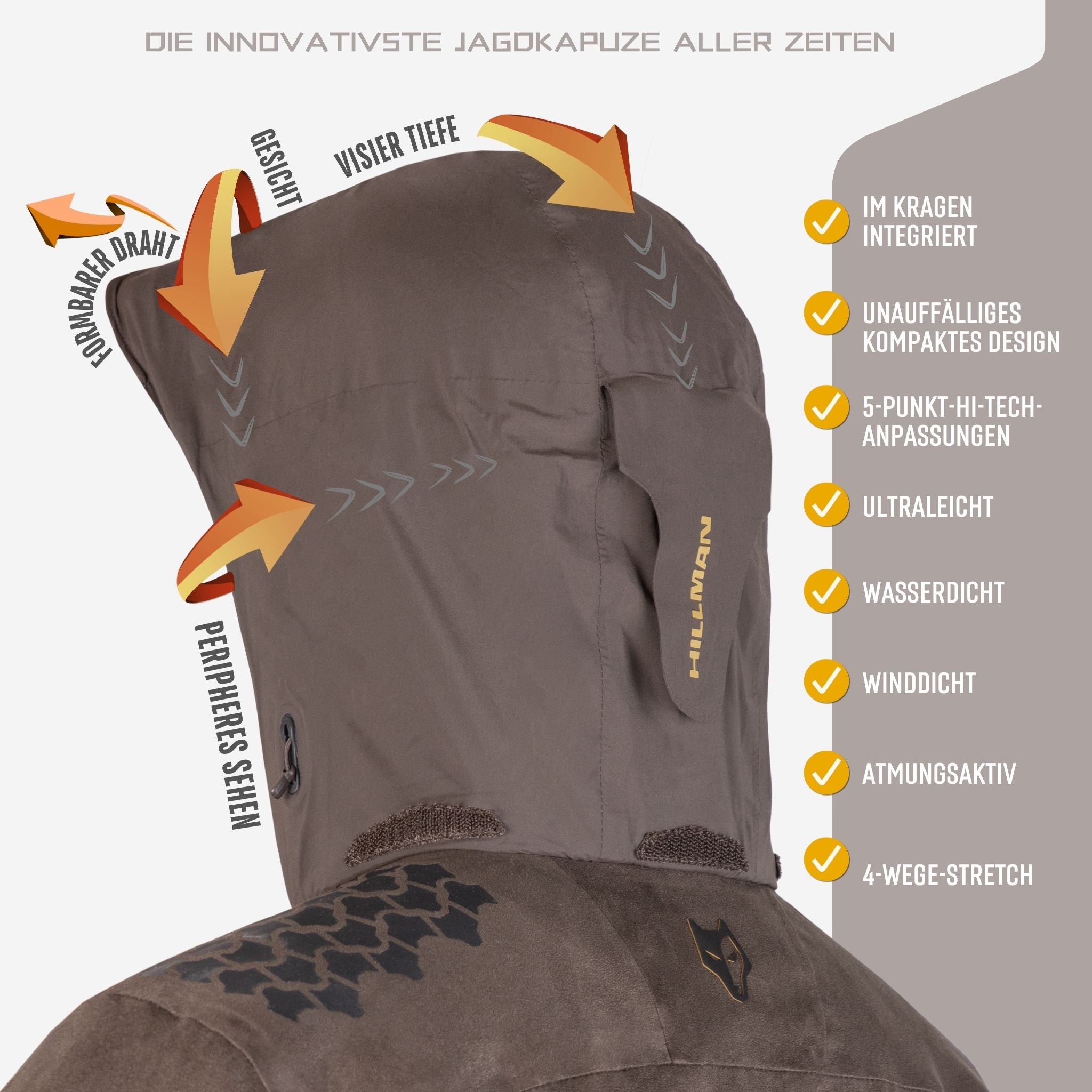 Die 5WL Regenjacke von HILLMAN GEAR ist eine ultraleichte, wasserdichte Jagdjacke mit einer drahtverstärkten Kapuze für Stabilität, tiefenverstellbarer Passform und optimale periphere Sicht. Sie kombiniert Atmungsaktivität und 4-Wege-Stretch mit hohem Windschutz.