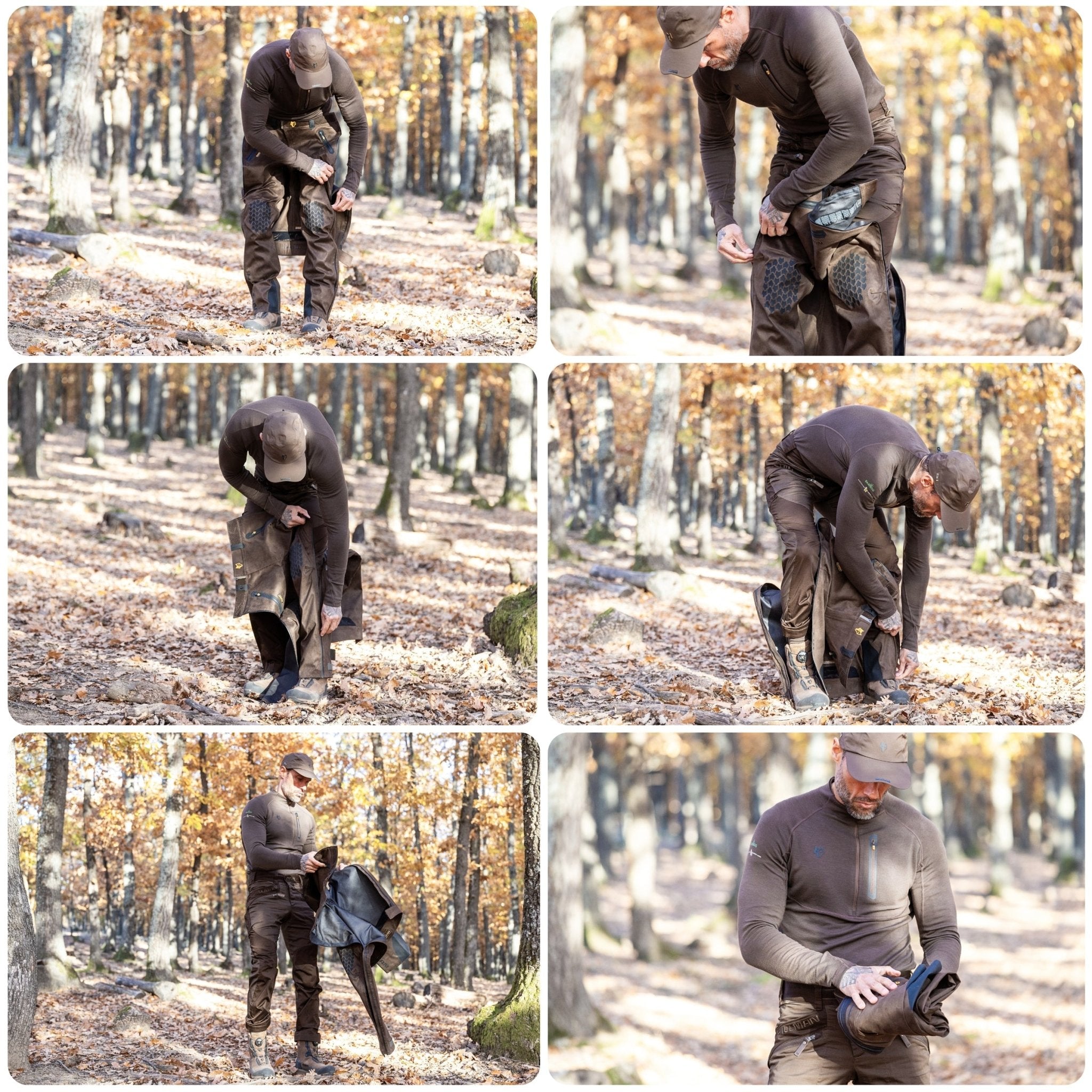 Ein Mann in Outdoor-Kleidung und mit Mütze richtet seine Hillman 5WL Camouflage Regenhose, eine ultraleichte wasserdichte Jagdhose, in einem Wald mit Herbstbäumen und Blättern. Diese Collage aus sechs Fotos fängt seine Vorbereitungen inmitten der lebendigen Landschaft ein.