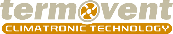 Logo mit dem Text „termovent“ in Beige, mit einem stilisierten Ventilatorsymbol im Buchstaben „o“. Darunter steht auf einem orangefarbenen Banner „CLIMATRONIC TECHNOLOGY“ in weißen Großbuchstaben.